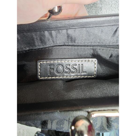 Fossil Y2K Black Leather & Chain Jacquard Fabric Mini Purse Kiss-Lock Closure - Picture 3 of 8